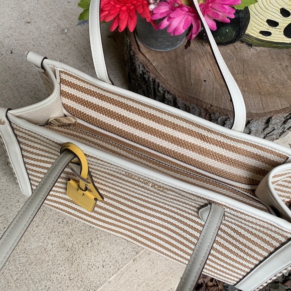 Authentic KATE SPADE Leather/stripe thick canvas zip top closure tote with charm - Picture 6 of 12